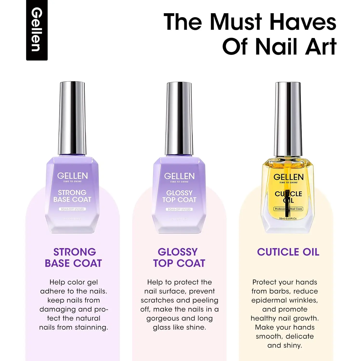 Gellen-Juego de 3 uds de aceite para cutículas, Base de capa superior de Gel para uñas, herramientas de manicura, esmalte de Gel, Kit profesional brillante de larga duración, 18ml
