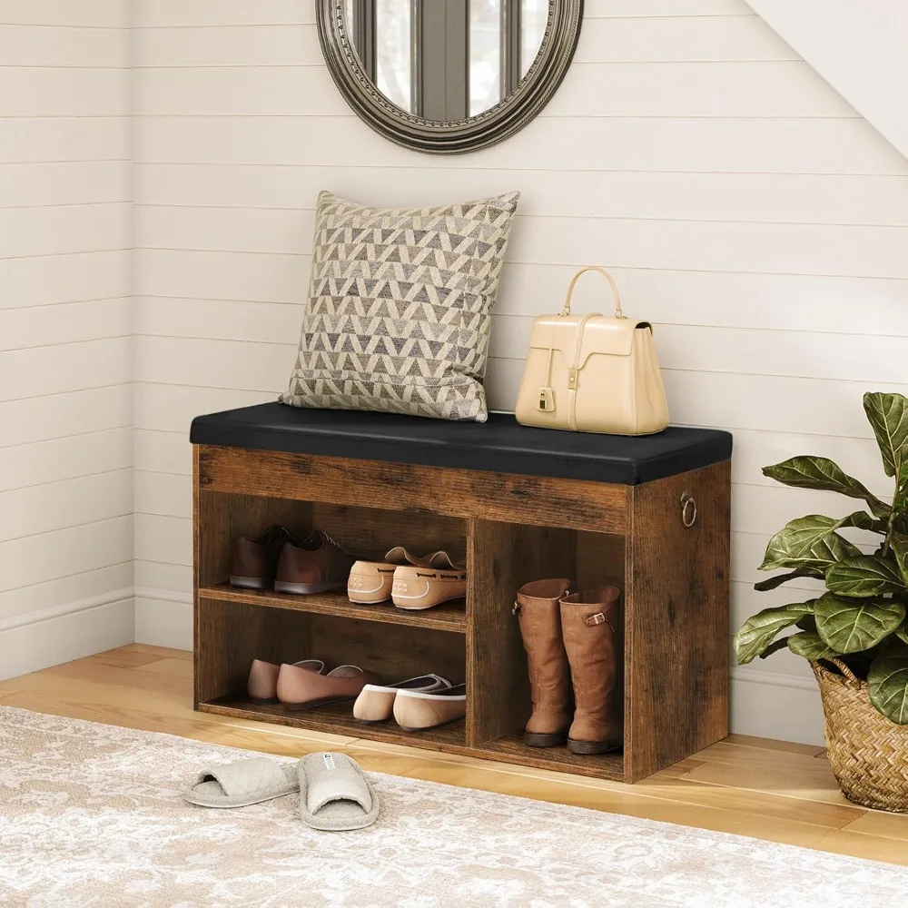 Padded Cushion Storage Bench, Entryway Shoe Rack with Flip-Open Box and Adjustable Shelf