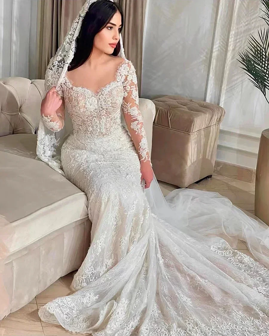 فساتين زفاف حورية البحر أنيقة مخصصة قابلة للانفصال دانتيل رومانسي كم طويل فساتين العروس لفيستدوس دي نوفيا
