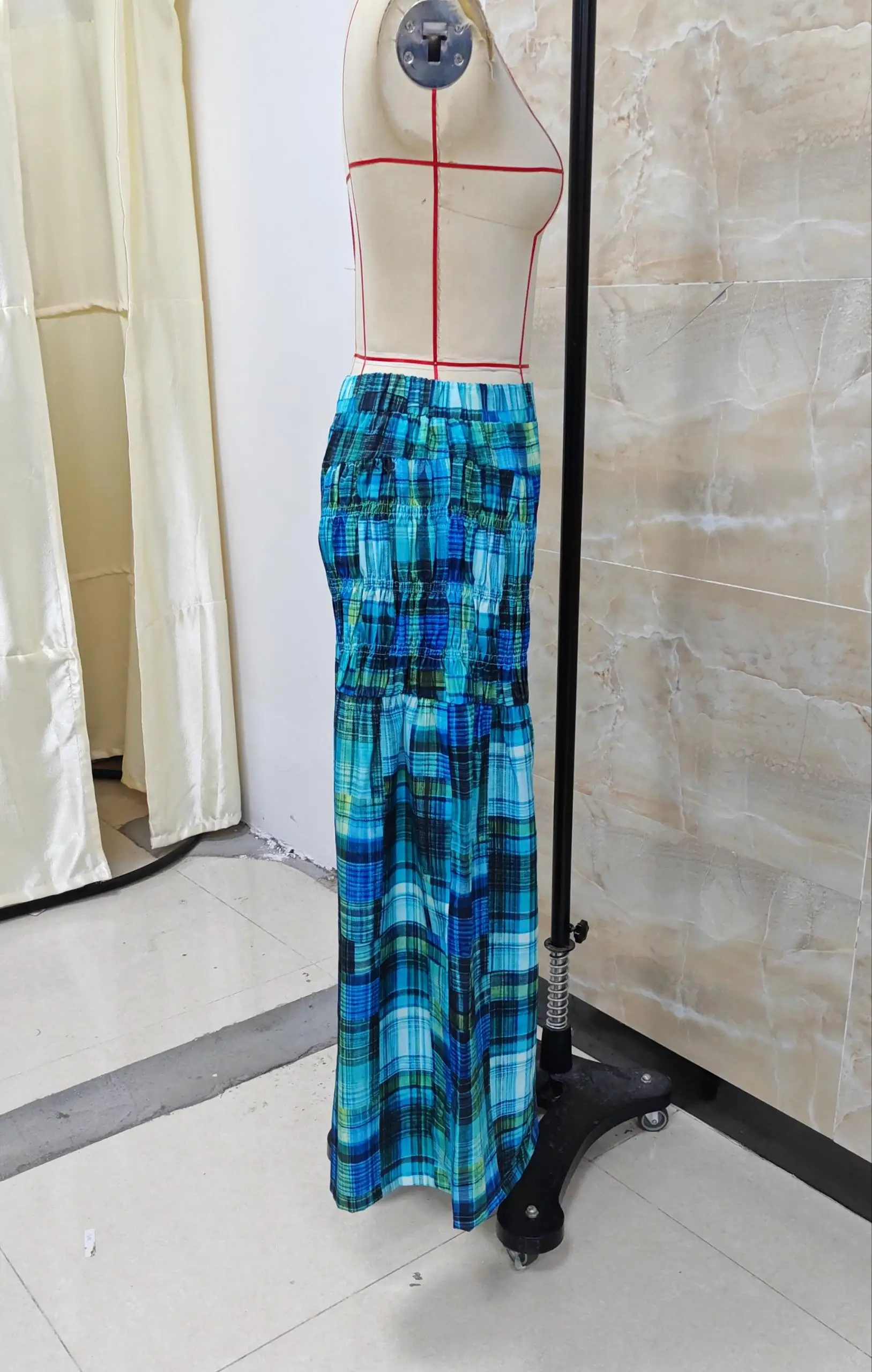 Womens Fall Plaid Pants Casual Loose Fit Elastic Mid Rise Wide Leg Trousers