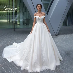 Vestido de novia con cristal y hombros descubiertos, tul con bordado, bata de novia de satén con escote en forma de corazón, sin mangas, con cremallera personalizada