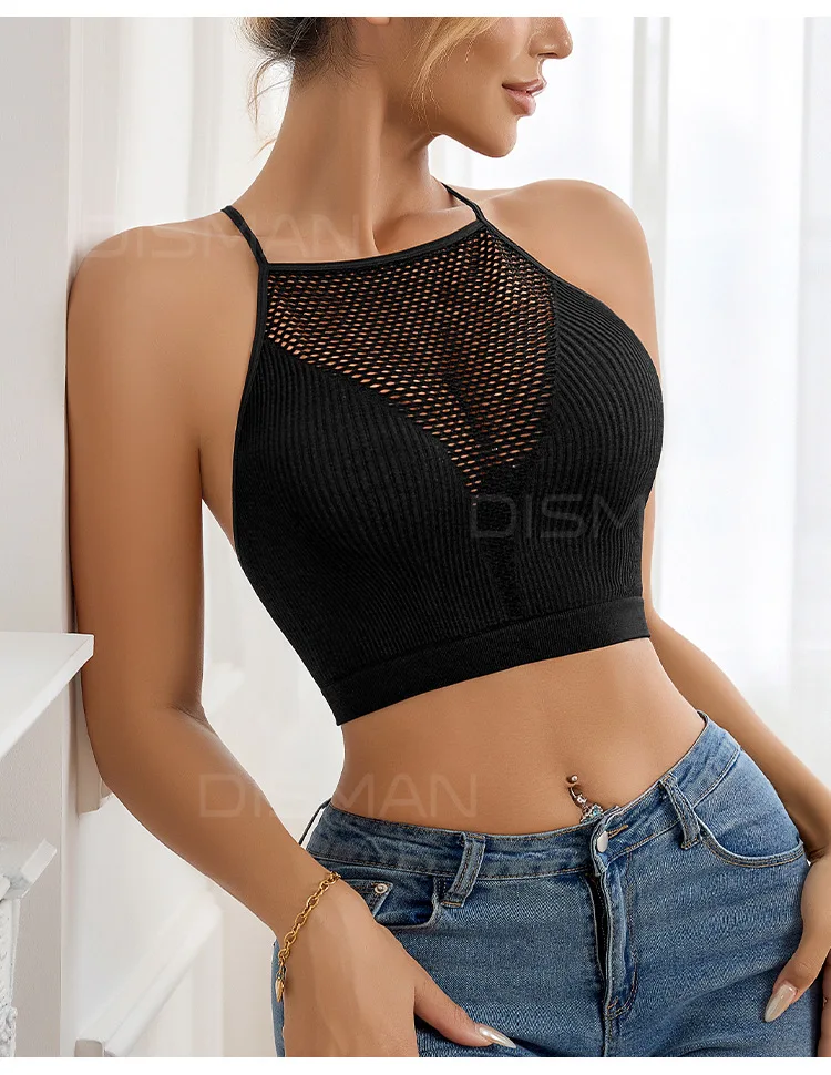 

Ladies Spice Girls Fishnet Splicing Hollow Vest Sexy Perspective Cross Strap Beauty Back Pure Desire Vest Underwear