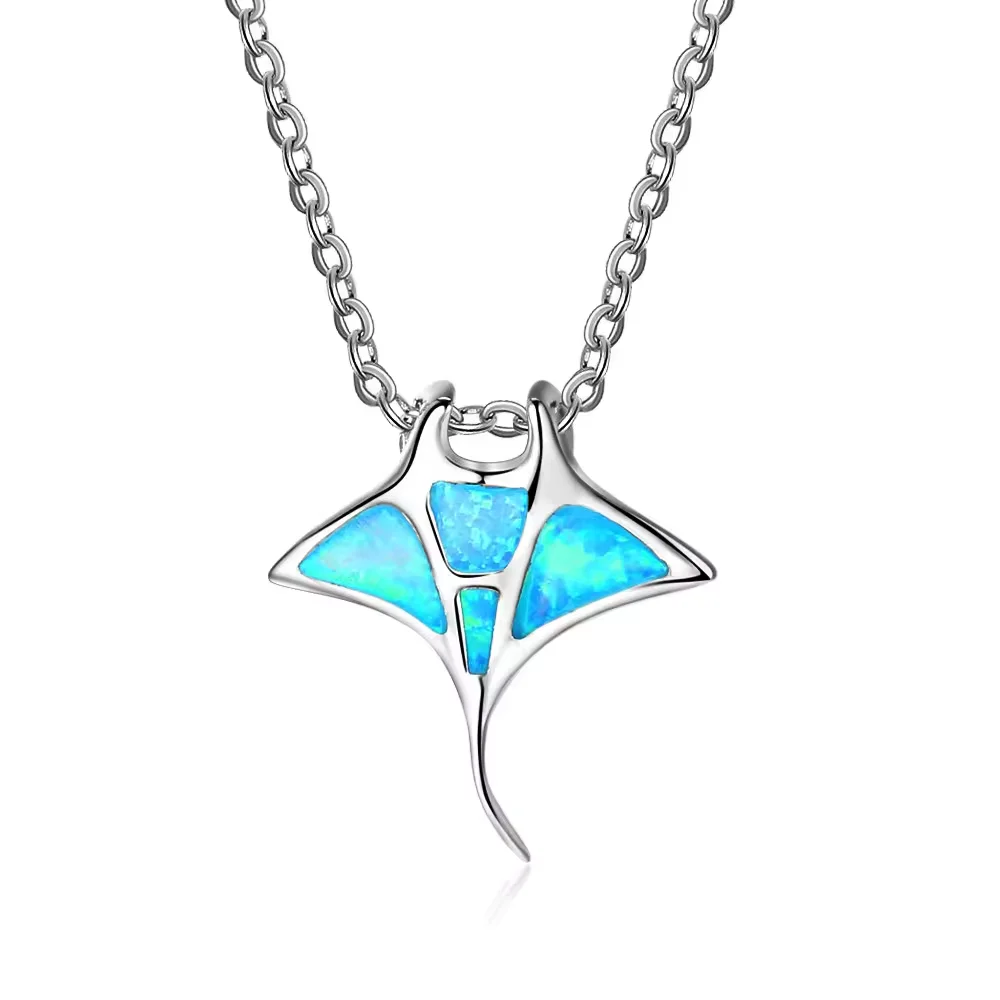 Symbol of Freedom Necklace, Elegant Manta Ray Pendant with Blue Opal, Meaningful Gift for Ocean Lovers, Silver Color Jewelry