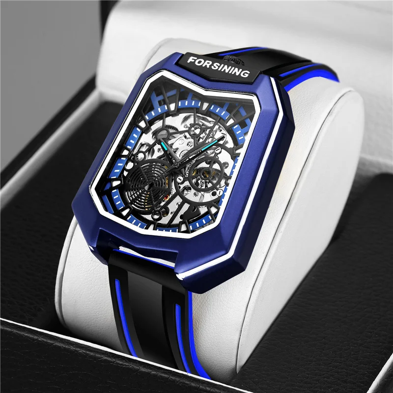 Forsining 445A Men Watches Luxury Trend Blue Clock Waterproof Fancy Clock Mechanism Silicone Automatic Watch