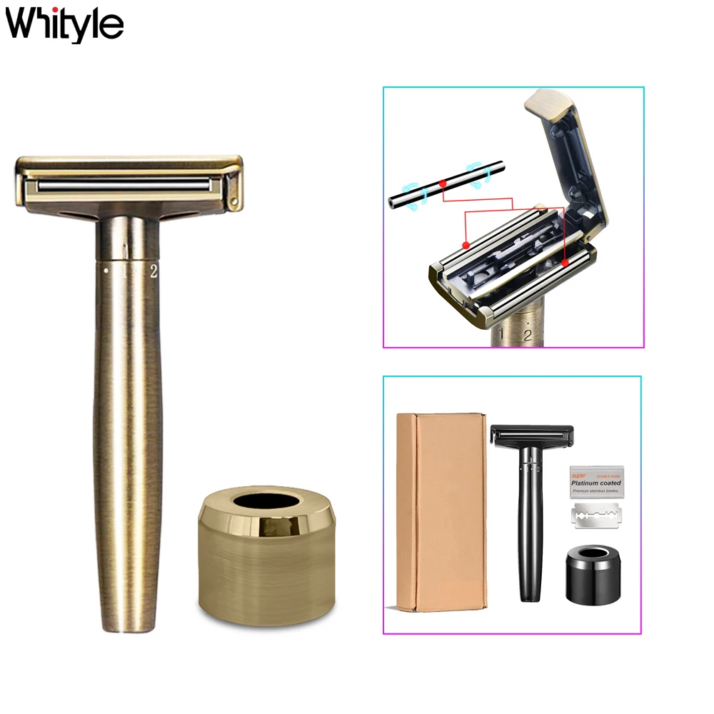 Whityle 09TS Classic Adjustable Safety Razor Double Edge Zinc Alloy Razors For Men With Holder Stand & 5 Blade New Fashion Style