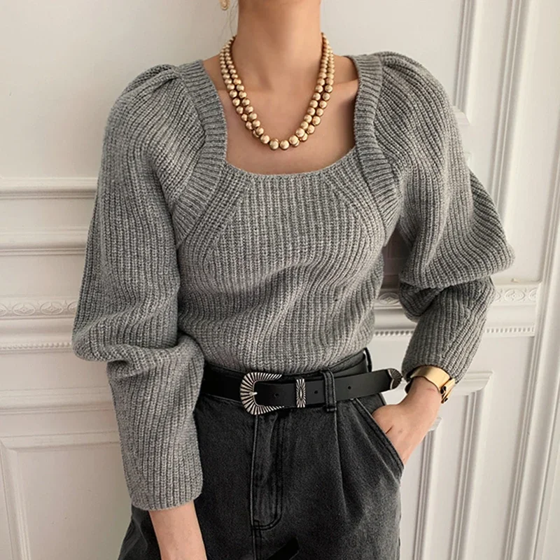 

Winter 2022 Ladies Gentle Casual Square Collar Loose Soft Minimalist Pure Color Long-sleeved Pullover Knitted Gray Sweater