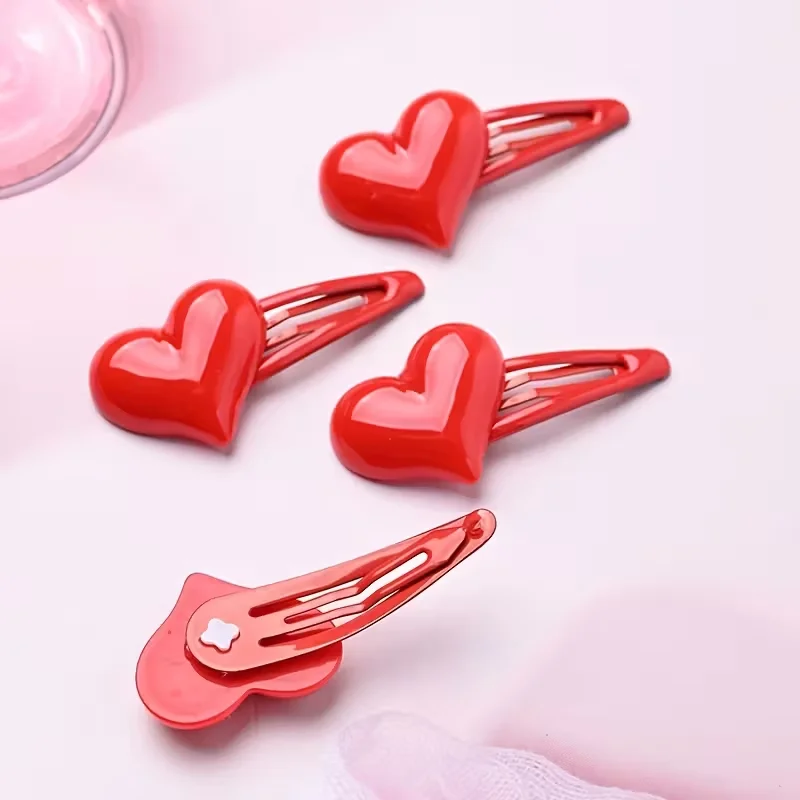 4-teiliges Set Herzförmige Haarspangen aus Kunstharz, Niedliche Y2K-Style Einfarbige BB-Haarklammern für Damen, Valentinstag-Geschenk – Detail 2