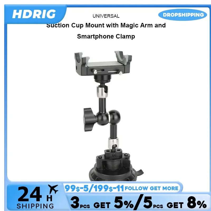 HDRIG Camera Suction Mount with Ball Head Magic Arm and Smartphone Clamp For Sony Action Camera For iPhone for GoPro