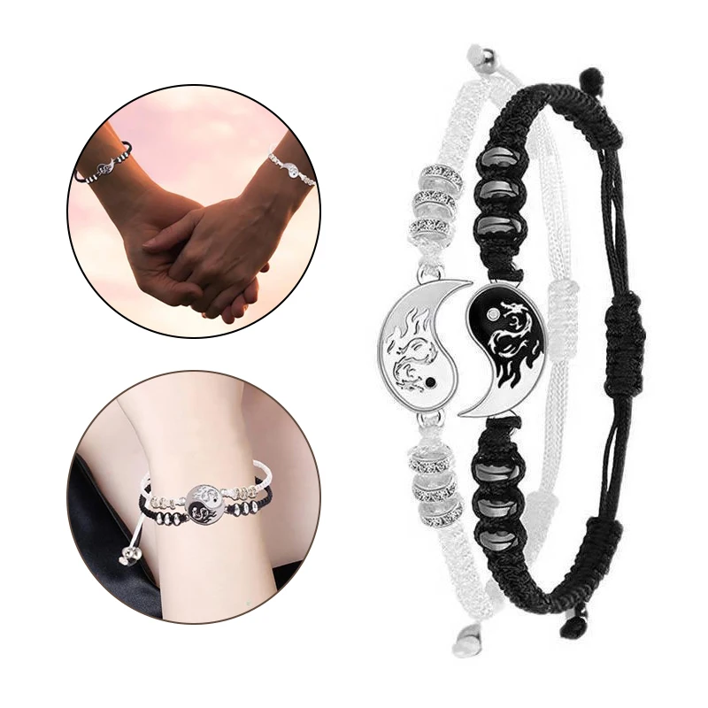 2Pcs/set Dragon Tai Chi Braided Bracelet for Women Men Best Friends Adjustable Yin Yang Bracelets Fashion Couple Jewelry-IIOO