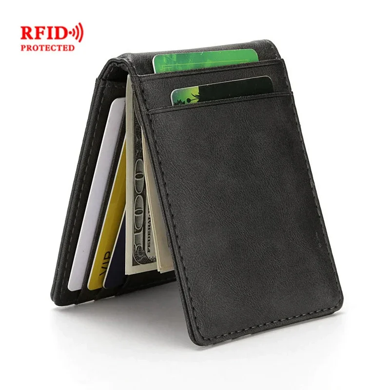

Hot Sale Fashion Men's RFID Thin Tickets Money Clip PU Leather Wallet with Metal Clamp Female ID Credit Card Purse Cash Holder