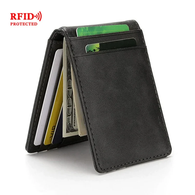 Hot Sale Fashion Men\'s RFID Thin Tickets Money Clip PU Leather Wallet with Metal Clamp Female ID Credit Card Purse Cash Holder