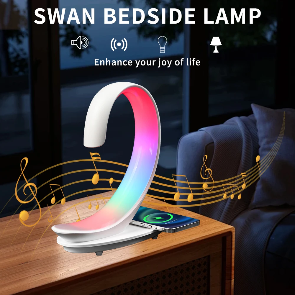 Multifuncional sem fio Bluetooth Speaker, carregamento rápido, luz quente, Desktop Night Light, Cisne branco, lâmpada ambiente de cabeceira, 10W, 5.0, Bluetooth