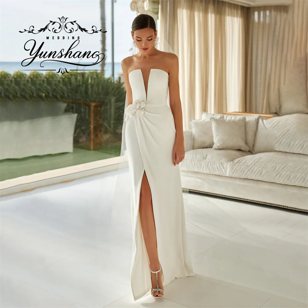 YunShang Maßgeschneidertes Meerjungfrau-Hochzeitskleid mit V-Ausschnitt und hohem Schlitz, bodenlang, Blumenapplikationen, ärmellos, elegant, trägerlos, Reißverschluss