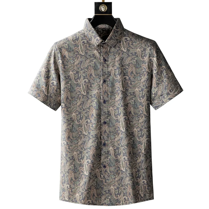 Light luxury summer men's shirt short sleeve slim cashew flower shirt men's free ironing all-match men's short sleeve shirt
