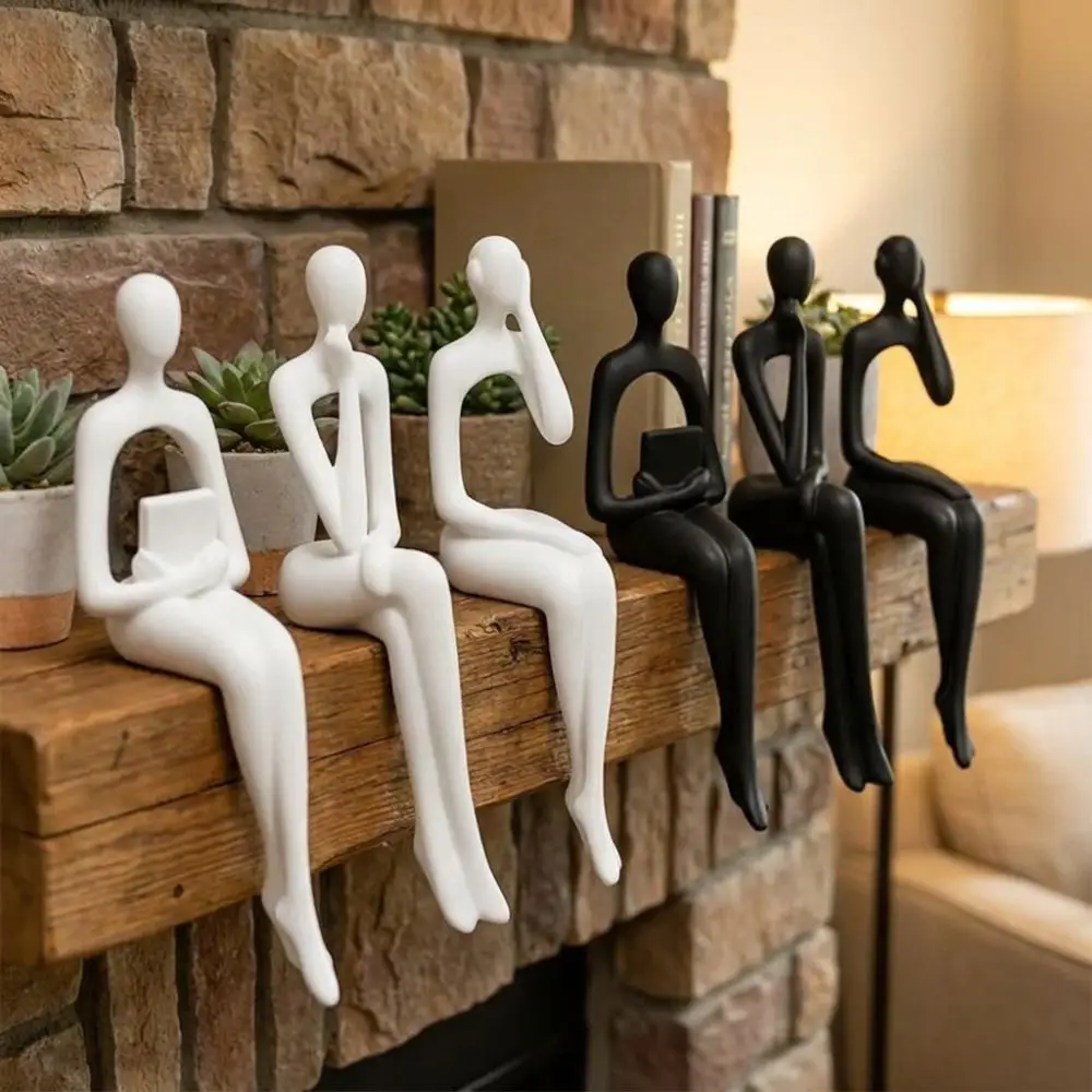 3Pcs Minimalist Abstract Sitting Human Sculpture Set Long Leg Handmade Hollow Reading Thinking Figurine Plastic 3D Printed