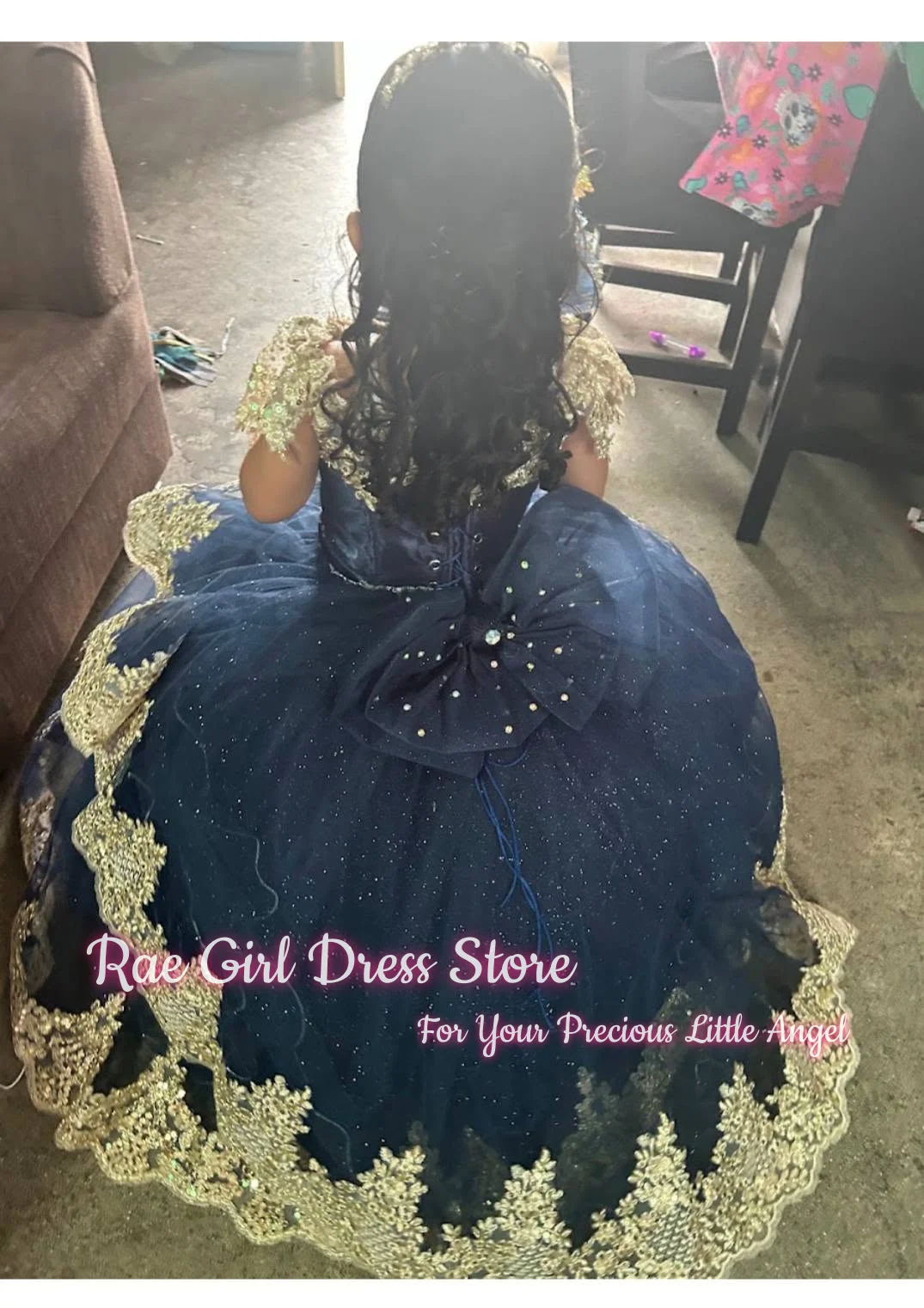 Luxurious Gold Lace Cap Sleeve Flower Girl Dress For Wedding Birthday Pageant A Line Floor Length Puffy Glitter Tulle Gown