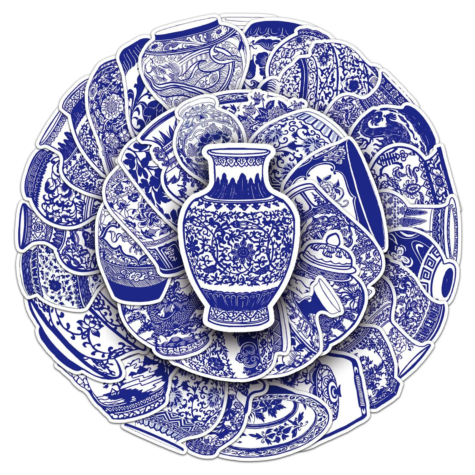 50PCS Blue and White Porcelain Chinese Style Sticker DIY Phone Laptop Luggage Skateboard Cup Graffiti Decals Fun for Kid Gift