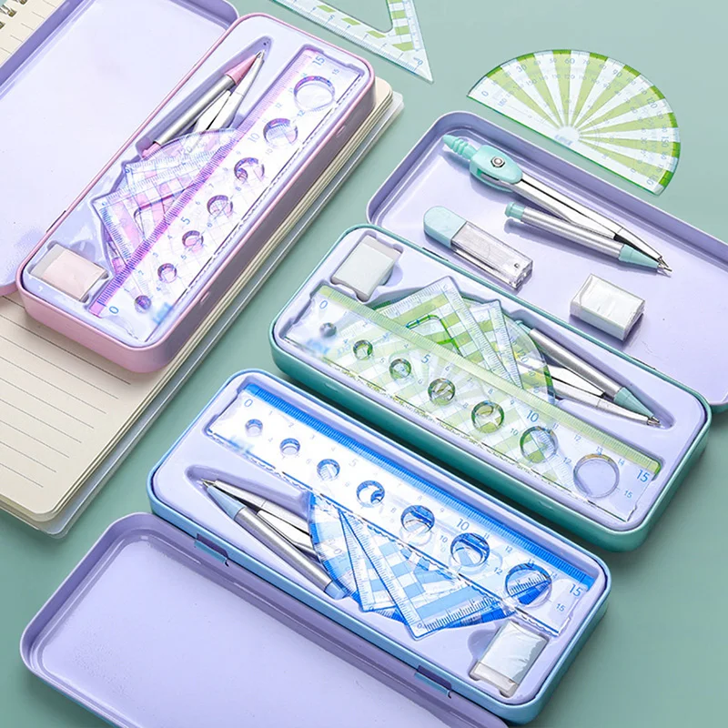 7Pcs/Set Ruler Compass with Metal Box Geometry Maths Drawing Compass Stationery Rulers Mathematical Compass for School