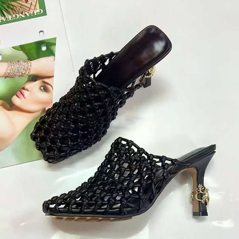 Silver Leather Hollow Sandals Woman Square Toe Strange High Heel Muller Slippers Lady Sexy Party Shoes view 2