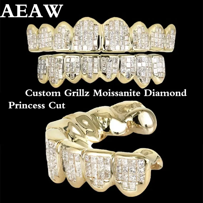 

Пользовательские алмазные зубы Grillz, огранка принцессы, муассанит, бриллиант, 8 верх, 8 нижних, серебро 925 пробы, желтый и белый гриль в стиле хип-хоп