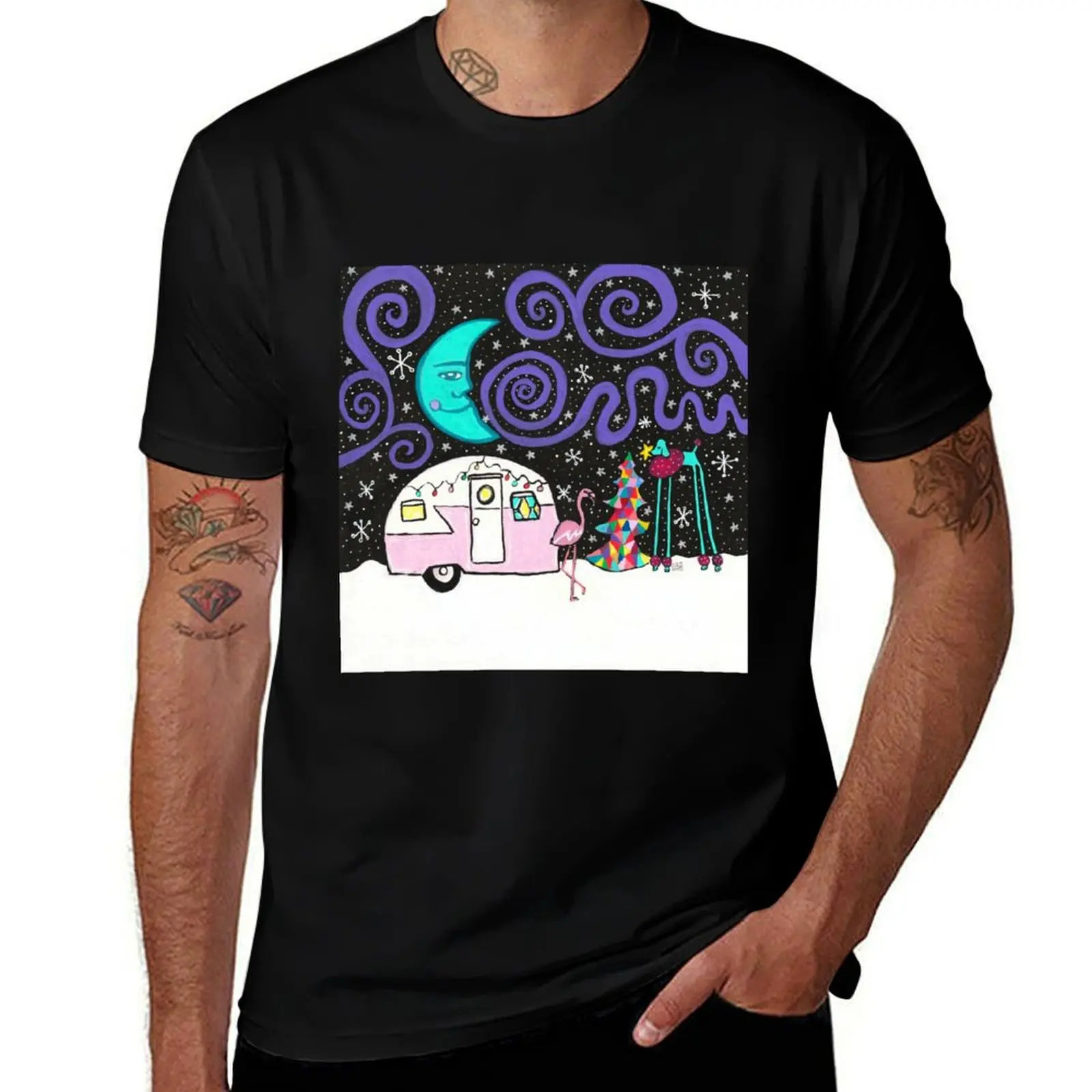 

Christmas Camper Poodle and Flamingo with Snow and Moon T-Shirt Casual Fashion Print Tee Top