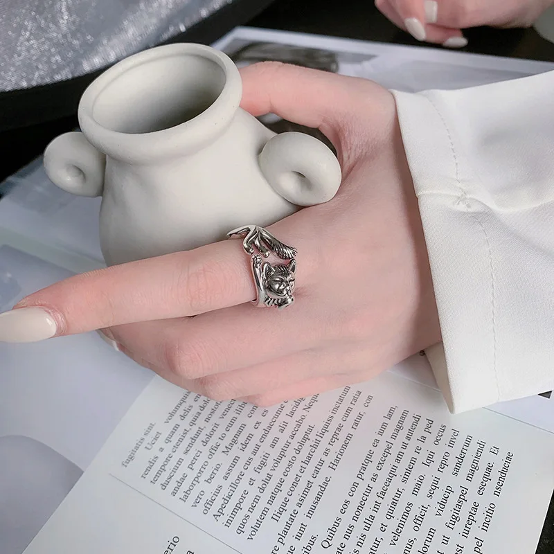 Best Sell Vintage Little Cat Animal Design Thai Silver Female Party Ring Original Jewelry For Women Christmas Gifts No Fade