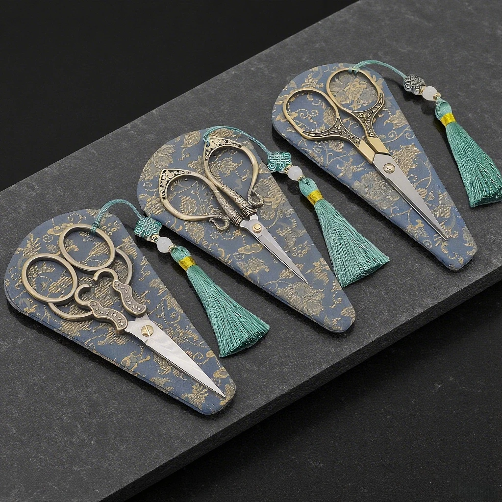 Vintage Sewing Scissors 3Pcs Set Stainless Steel Craft Thread Cutter with Protective Case Tassel for Embroidery Needlework