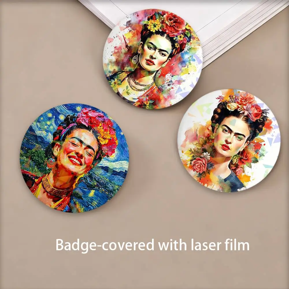 F-Frida K-Kahlo Art Badges Round Laser Badge Brooch Backpack Accessories
