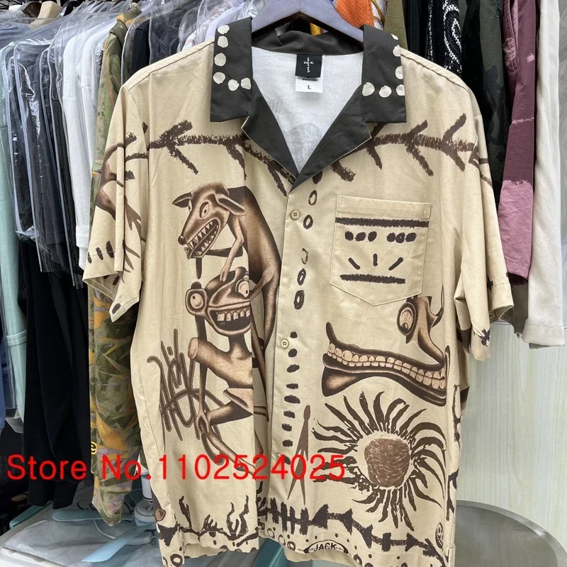 High Street Hip-hop Cactus Jack Shirt Cartoon Pattern Retro Short Sleeves Real Photo Men Women Couple Summer Comfort Tops