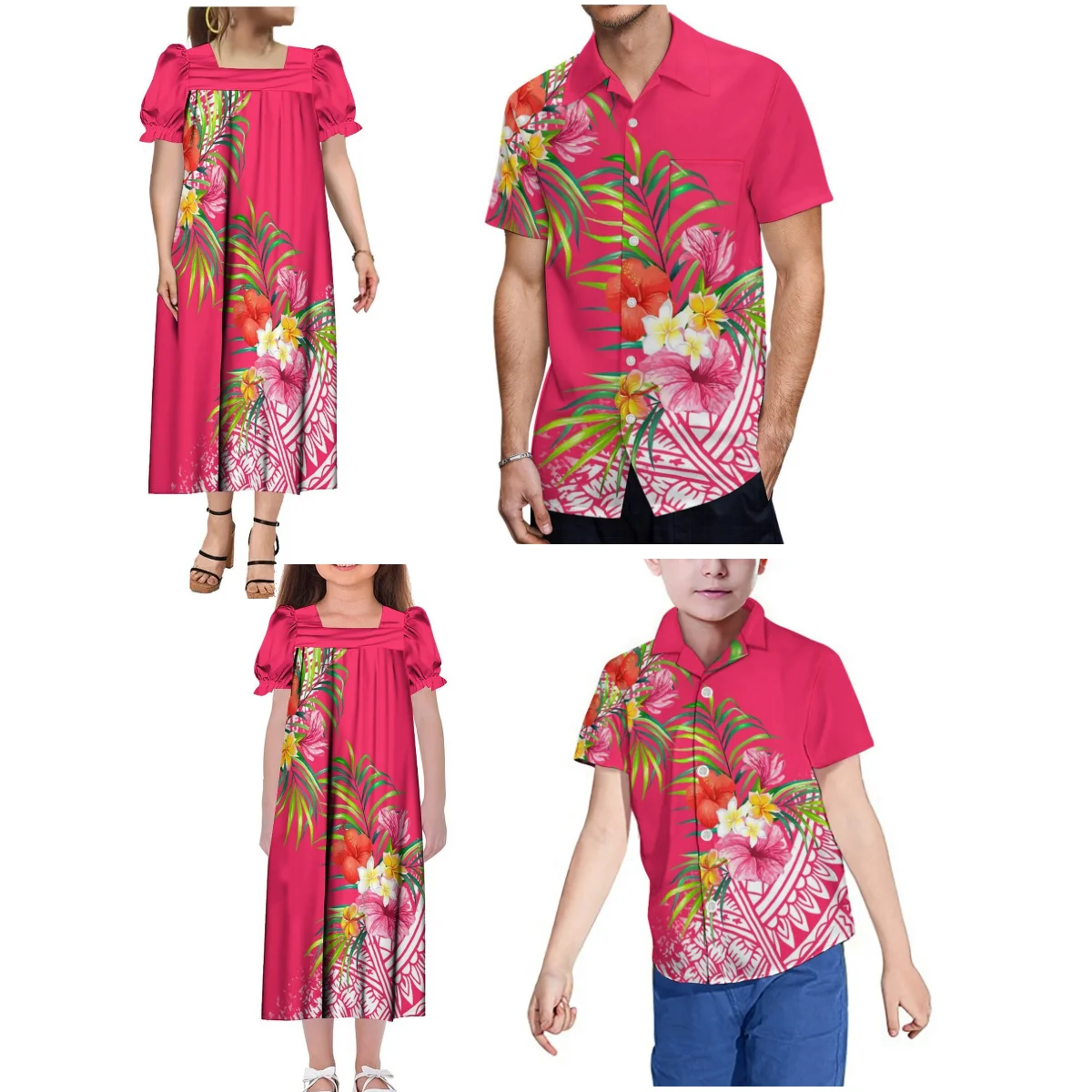 Hawaiian Floral Theme Summer Mumu Women'S Dress Children'S Fluffy Long Skirt With Men'S Shirt Children'S Shirt Family Set