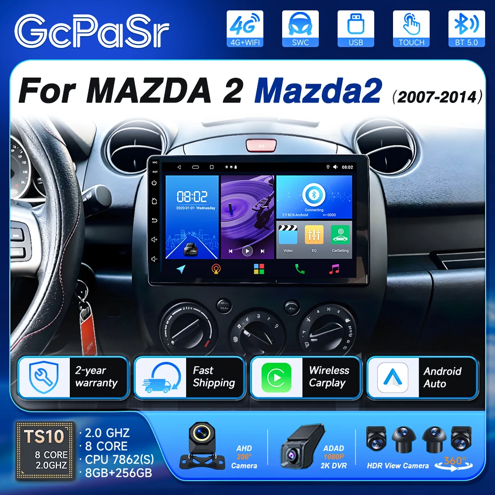 Car Radio For MAZDA 2 Mazda2 2007-2014 Android 16 Head Unit Multimedia CarPlay Stereo Stereo Navigation GPS 8 Core Video Player