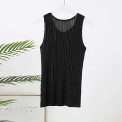 Miyake Pleated T-shirt for Women Round Neck Sleevesless Solid Color Tank Top Casual Slim Shirts 2024 Female Clothes