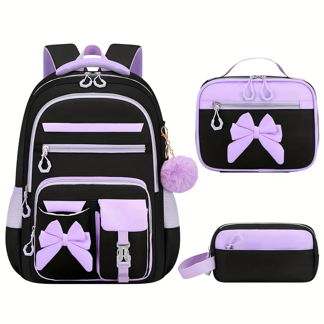 2026 New Bow Spine‑Protect School Backpack Set Multi‑Pocket Elementary Bag with Pencil Case Lunch Bag for Outdoor Travel