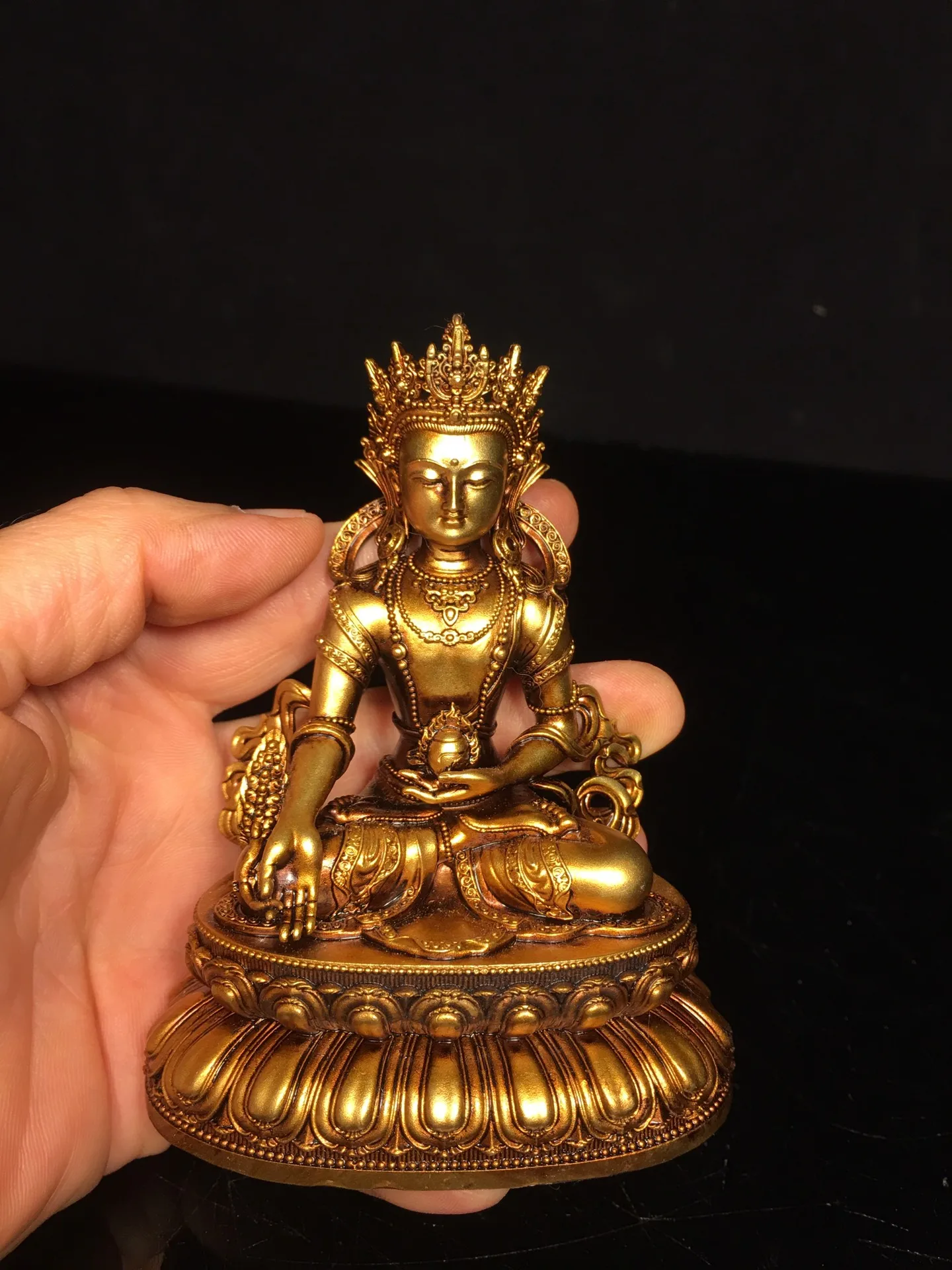 

4"Tibetan Temple Collection Old Bronze Gilded Cinnabar Amitayus Longevity Sitting Buddha Double Lotus Platform Worship Hall