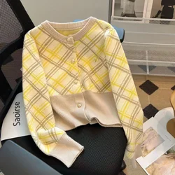 Women Fashion New Fashion Style Cardigan Fashion Yellow Knitted Round Neck Sweater Coat Chic 2023 Winter Jacket Lattice Top