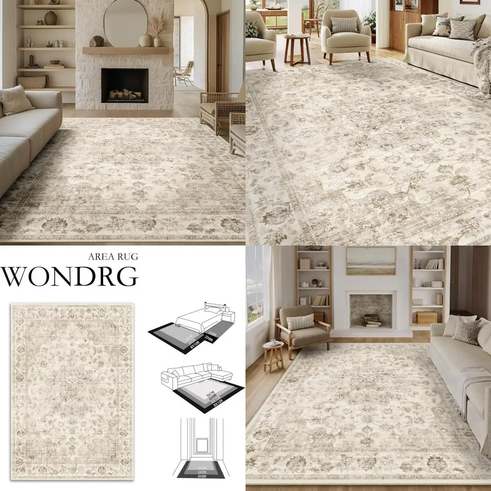 

Large Beige Vintage-Style Washable Area Rug with Floral Pattern for Living Room and Bedroom, Soft Low Pile, Non-Slip Indoor Thro