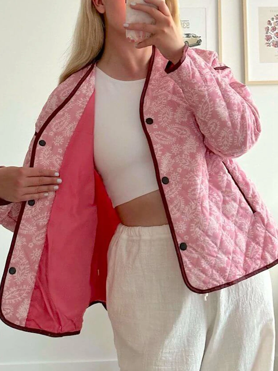 Chaqueta acolchada con estampado Floral para mujer, abrigo cálido de manga larga con cuello en V, Parkas informales ligeras con botones para invierno