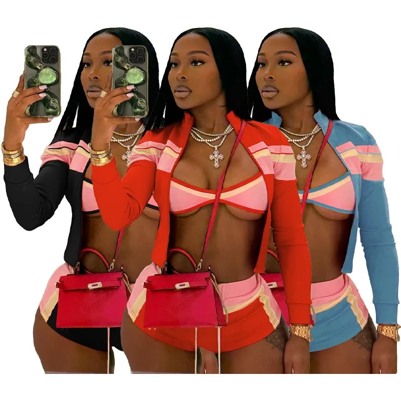 

Fitness Women 3 Piece Set Color Patchwork Long Sleeve Zipper Fly Coat Skinny Shorts Matching Set 2025 Summer Sporty Tracksuits