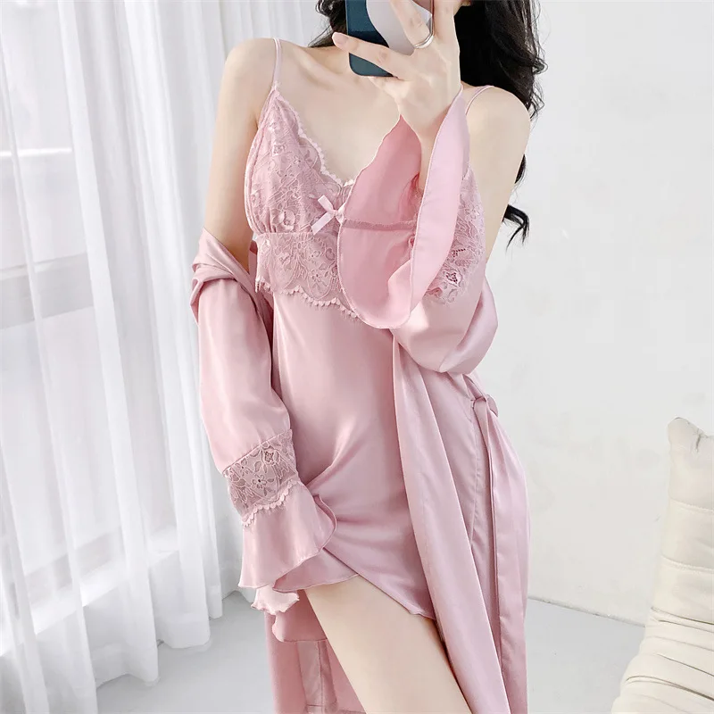 

Summer Women Kimono Bathrobe Gown Pink Satin Wedding Robe Nightgown Set Sexy Lace Trim Nightdress Sleepwear Loose Home Wear
