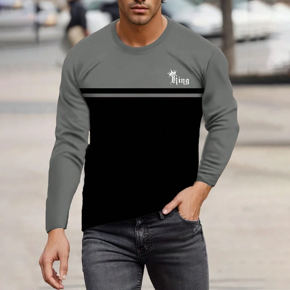 

King Letter Print Men's Long Sleeve T-shirt Casual O-neck Oversized Tees Autumn Quick Dry T Shirt Sportswear Trend Men Clothing