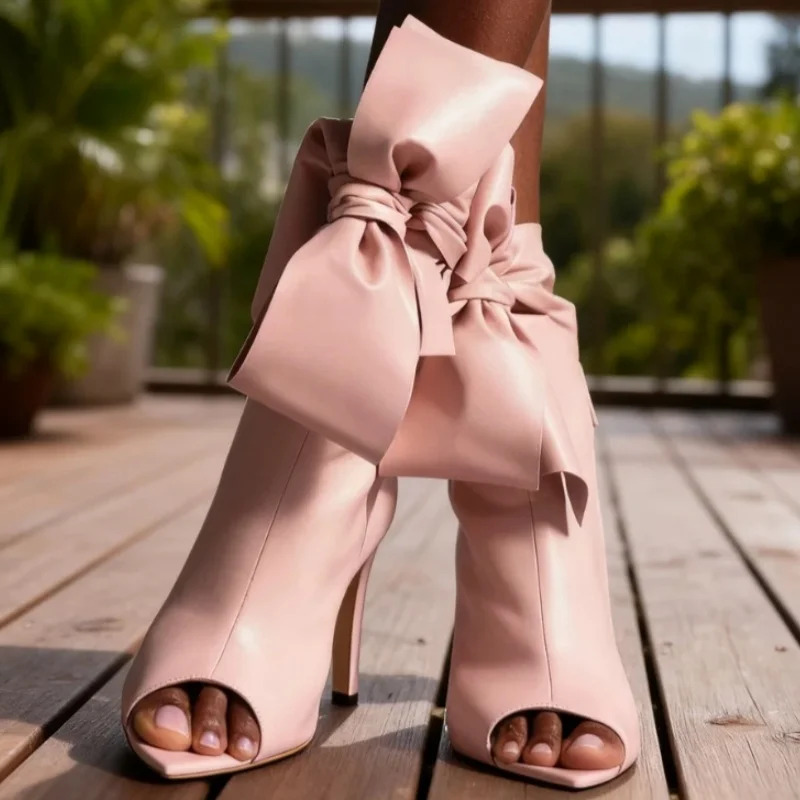 

Pink Bow Open Toe Stiletto Sandals Boots Women Black Pointed Toe Leather Lace Up Ankle Boots Sexy Fashion Party Prom Ladies Shoe