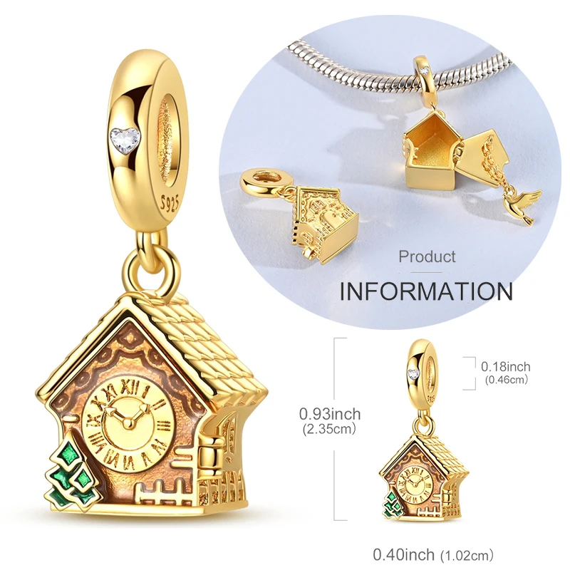 Original 925 Sterling Silver Charm Bead Openable Gold Cuckoo Clock Pendant Fit Original Bracelets Necklace DIY Accessories