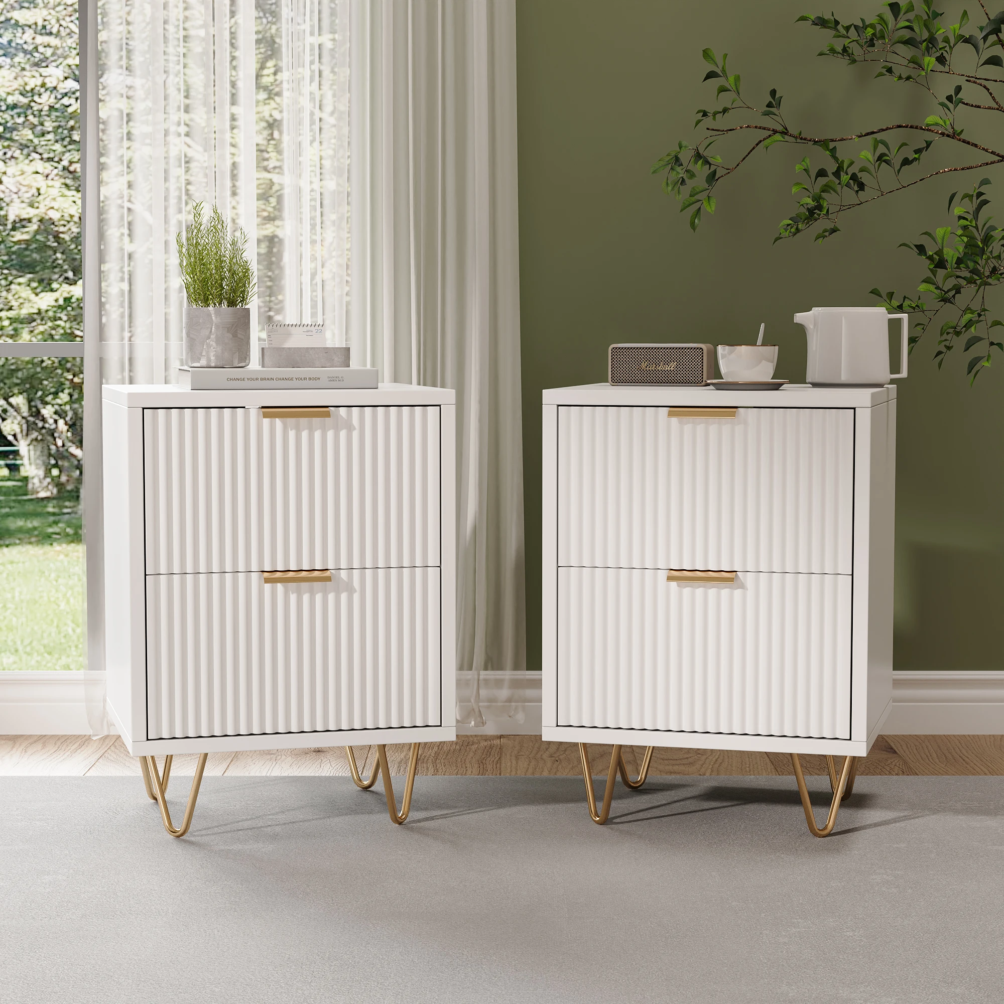 كومانلاي 2 قطعة طاولة بجانب السرير مع درجين، خزانة منضدة بأقدام معدنية، خزانة ذات أدراج لغرفة المعيشة، 49 × 29 × 47 سم #5