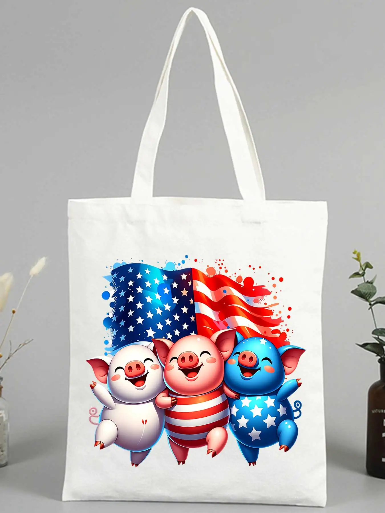 cute pig graphic canvas tote bag with flag-inspired design, ideal for casual summer outings and daily shopping