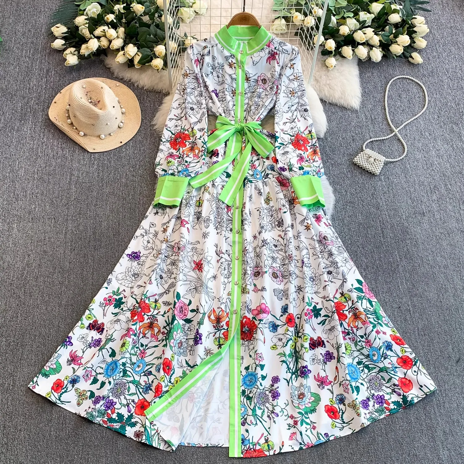 Runway Summer Autumn Holiday Gorgeous Floral Maxi Dress Women's Stand Lantern Sleeve Single Breasted Loose Belt Long Vestidos