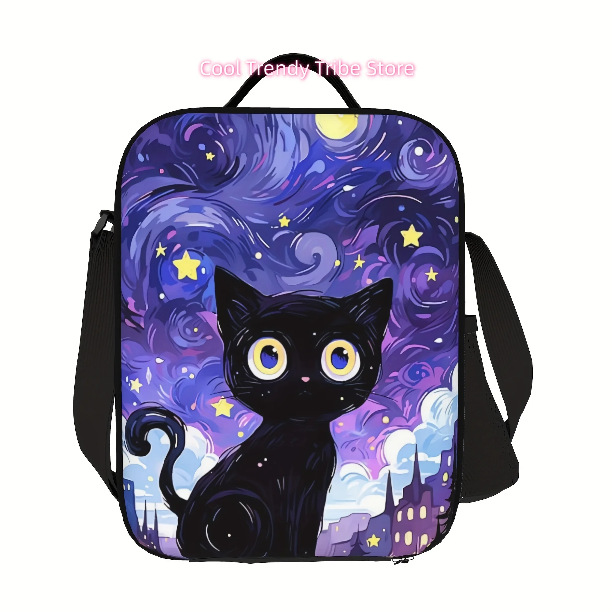1pc Starry Night & Black Cat Pattern Reusable Cooler Bag, Insulated Bag, Insulated Lunch Bag, for Camping, Picnics,