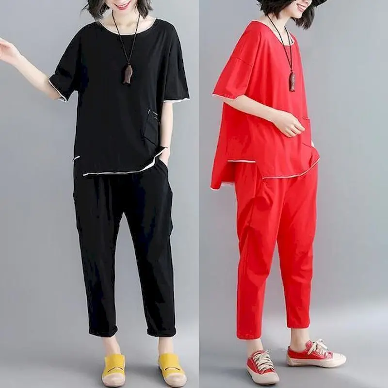 Oversized Summer Sets for Women Korean Style Artistic Splicing Color Blocking Short Sleeved T-shirt Cropped Pants Two-piece Set