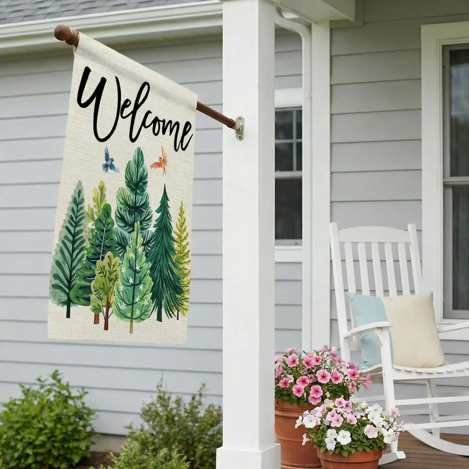 CROWNED BEAUTY Spring Summer House Flag Green Trees Double Sided 28x40 Inches Large Burlap Welcome Holiday Seasonal Yard Dec AAS