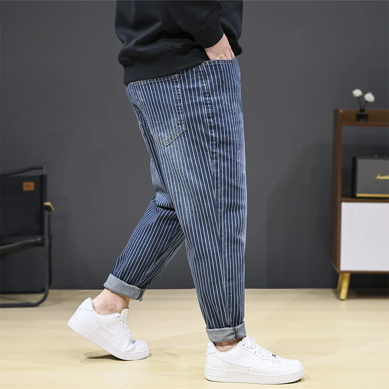 Fashion Stripe Trend Jeans Men's Hip Hop Denim Pants Spring Summer Harem Trousers Men Big Size 7XL Elastic Waist Bottoms Blue