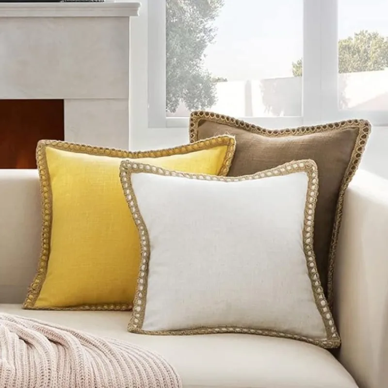 1/2Pack Farmhouse Lumbar Throw Pillow Covers 30x50cm 45x45cm 50x50cm Burlap Linen Trimmed Tailored Edges Rectangle Pillowcases